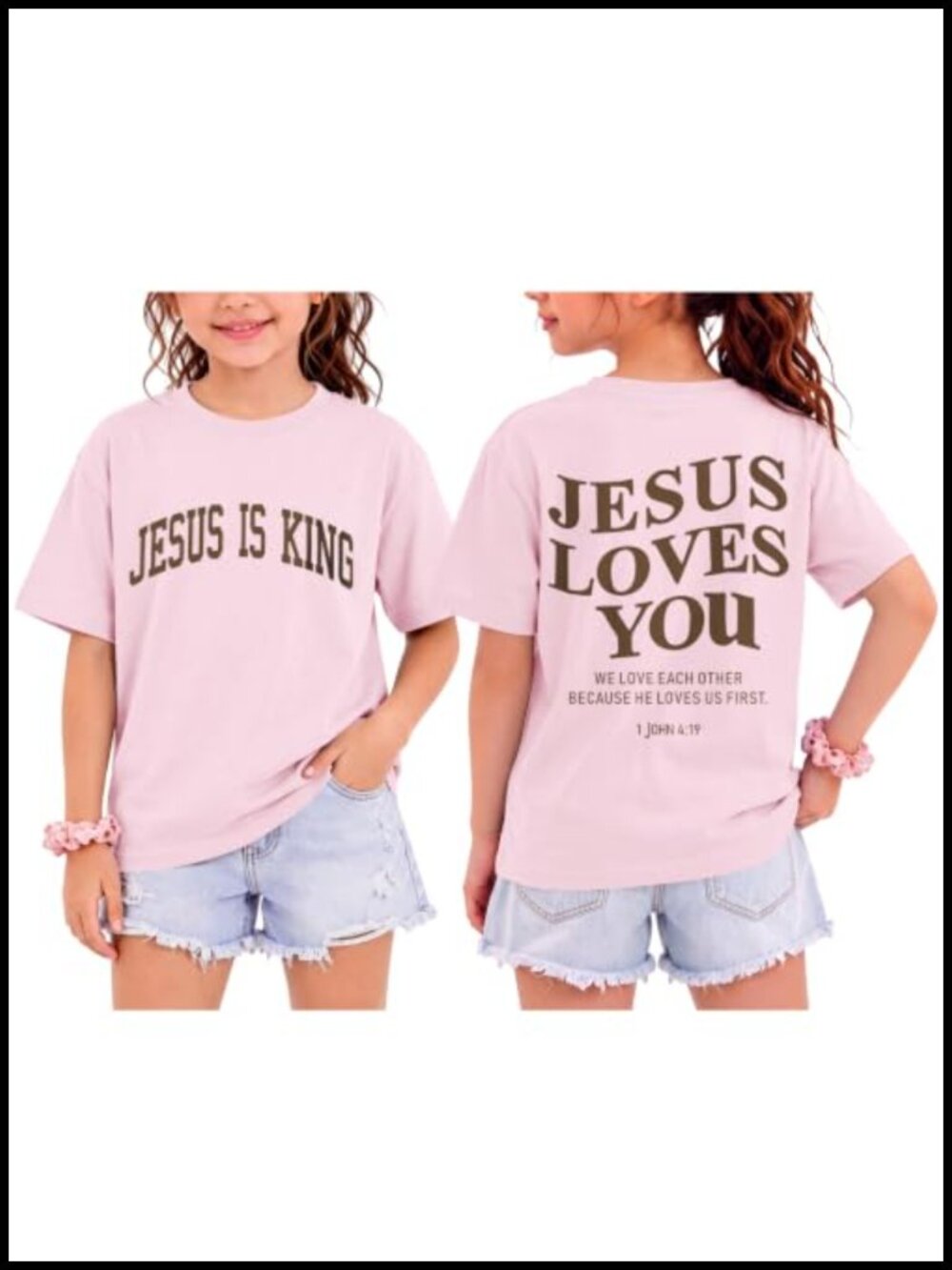 Girls Christian T-Shirt Jesus is King Bible Verse Cotton Blend Crew Neck Tee